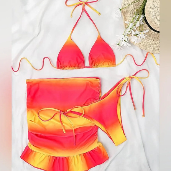C G  Fashion-Peachtan Print Bikini Halter Three Piece Swimsuit Set - Picture 3 of 6
